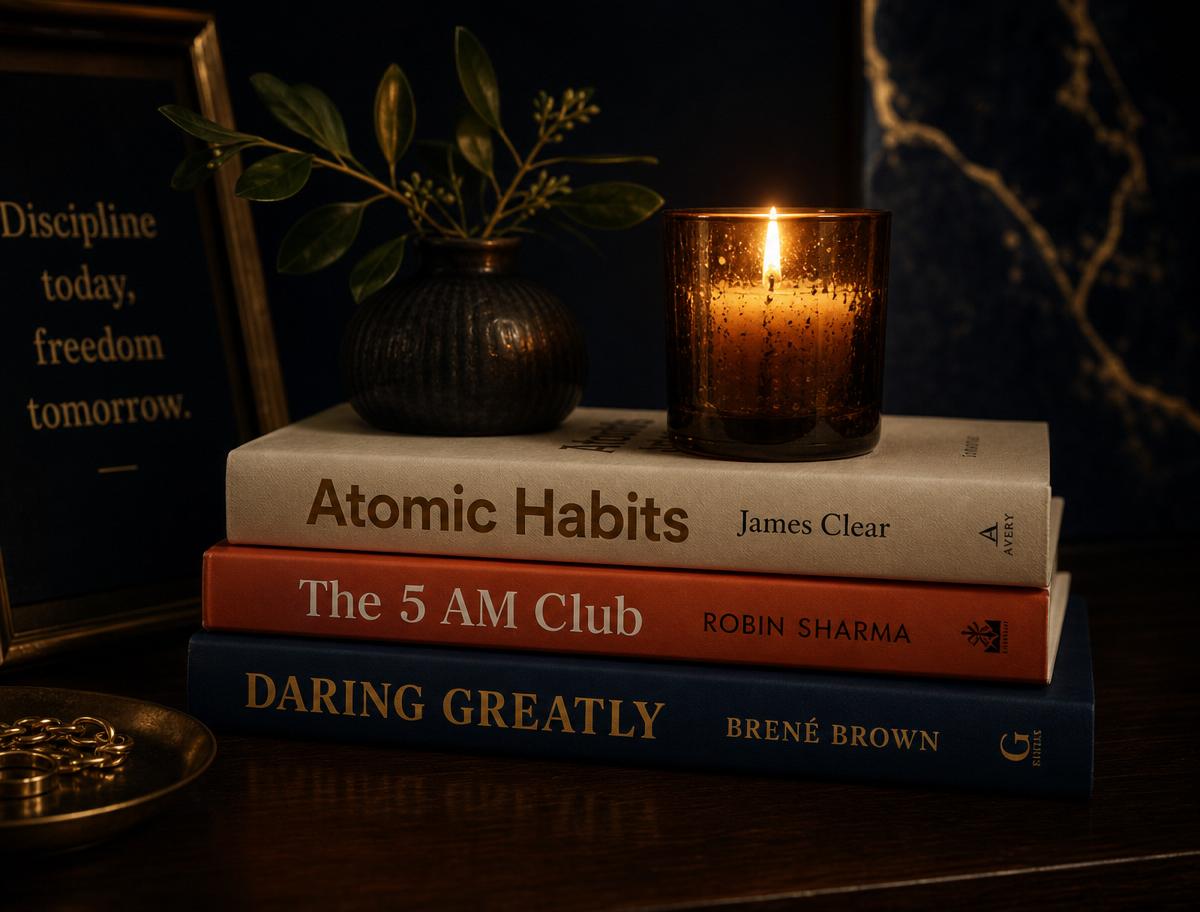 Stack of inspiring books with a candle