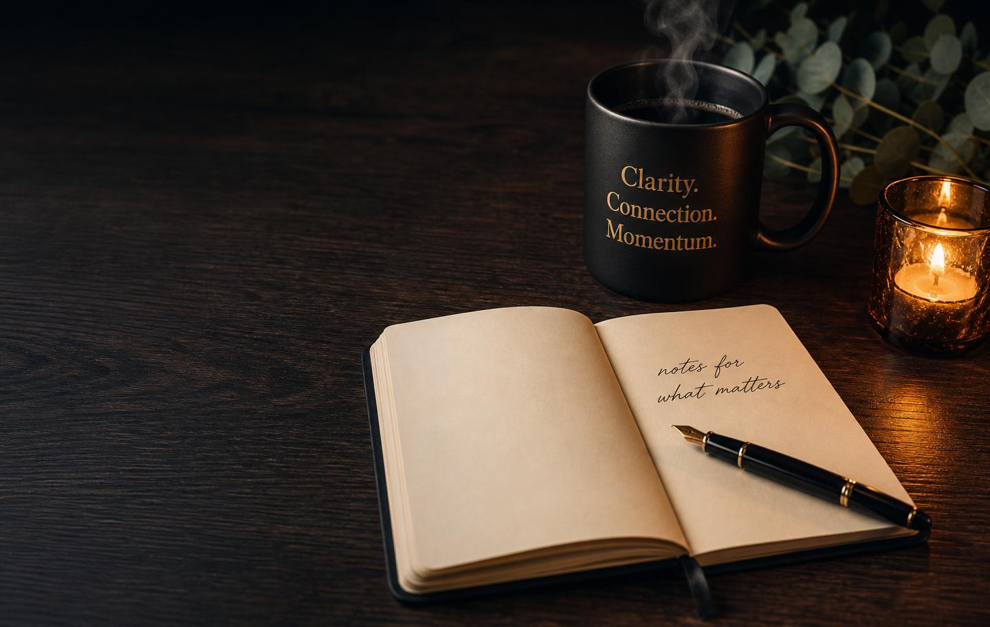 Mug reading Clarity Connection Momentum next to a notebook