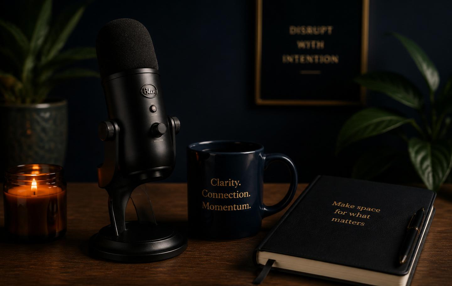 Podcast microphone, mug and journal
